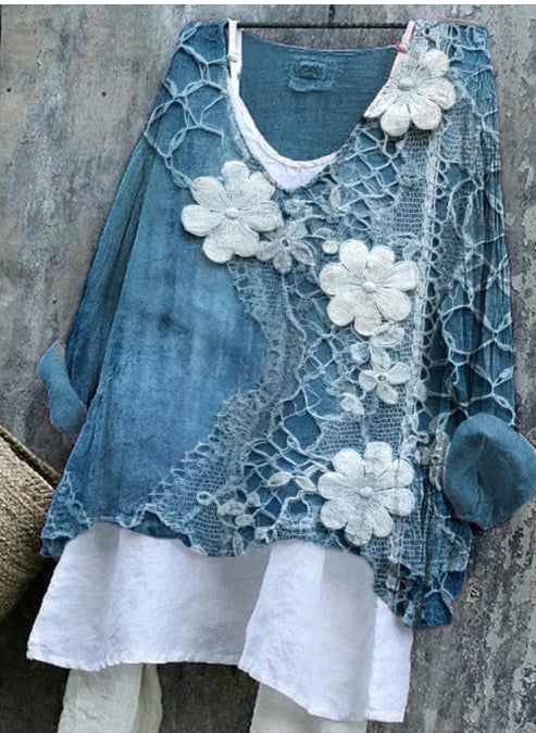Retro Casual Floral Art Linen-Blend Blouses