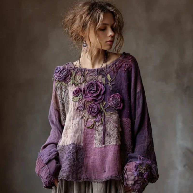 Vintage Purple Roses Boho Lace Patchwork Linen Blouses