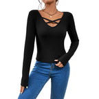 Blusa informal elegante de manga larga con cordones para mujer, color negro
