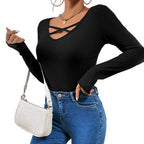 Blusa informal elegante de manga larga con cordones para mujer, color negro