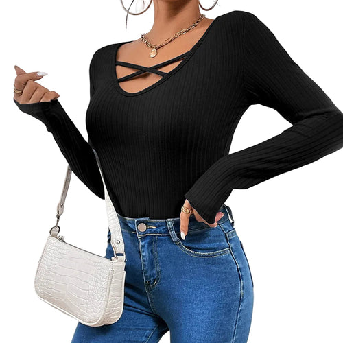 Blusa informal elegante de manga larga con cordones para mujer, color negro