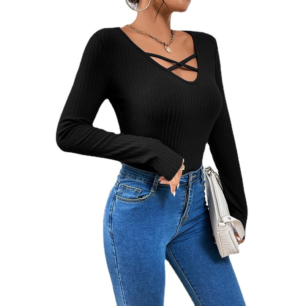 Blusa informal elegante de manga larga con cordones para mujer, color negro