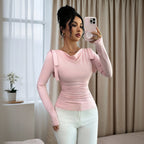 Camiseta de punto de manga larga con cuello alto para mujer, color liso