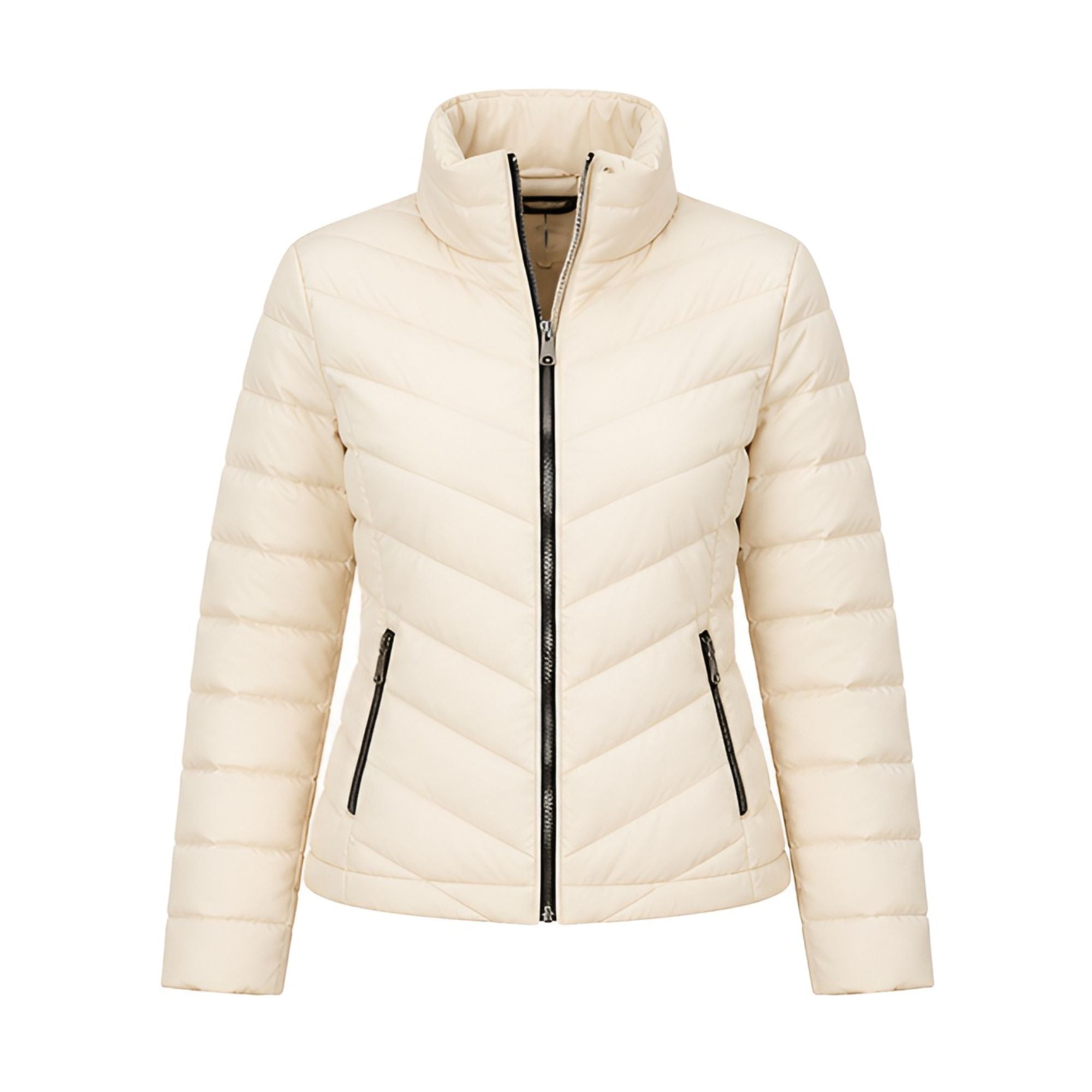 Chaqueta Acolchada Marfil para Mujer con Cuello Alto y Bolsillos Laterales