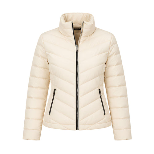 Chaqueta Acolchada Marfil para Mujer con Cuello Alto y Bolsillos Laterales