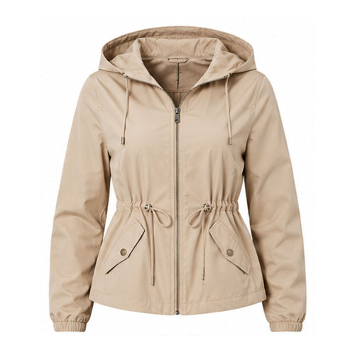 Chaqueta Beige con Capucha para Mujer y Cintura Ajustable con Cordón