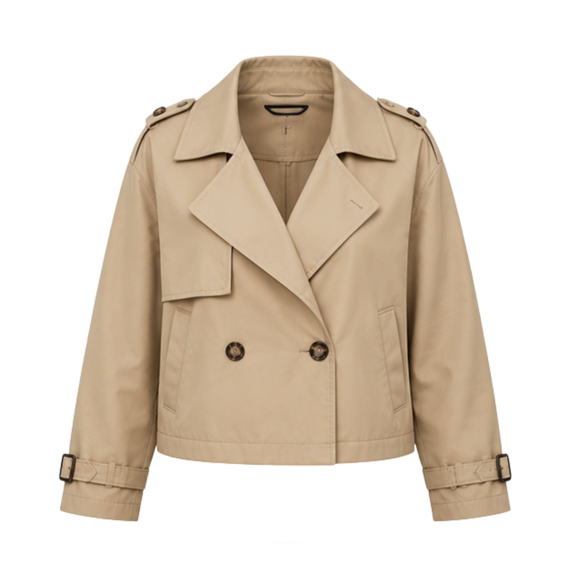 Chaqueta Corta para Mujer en Beige con Doble Botonadura y Solapas