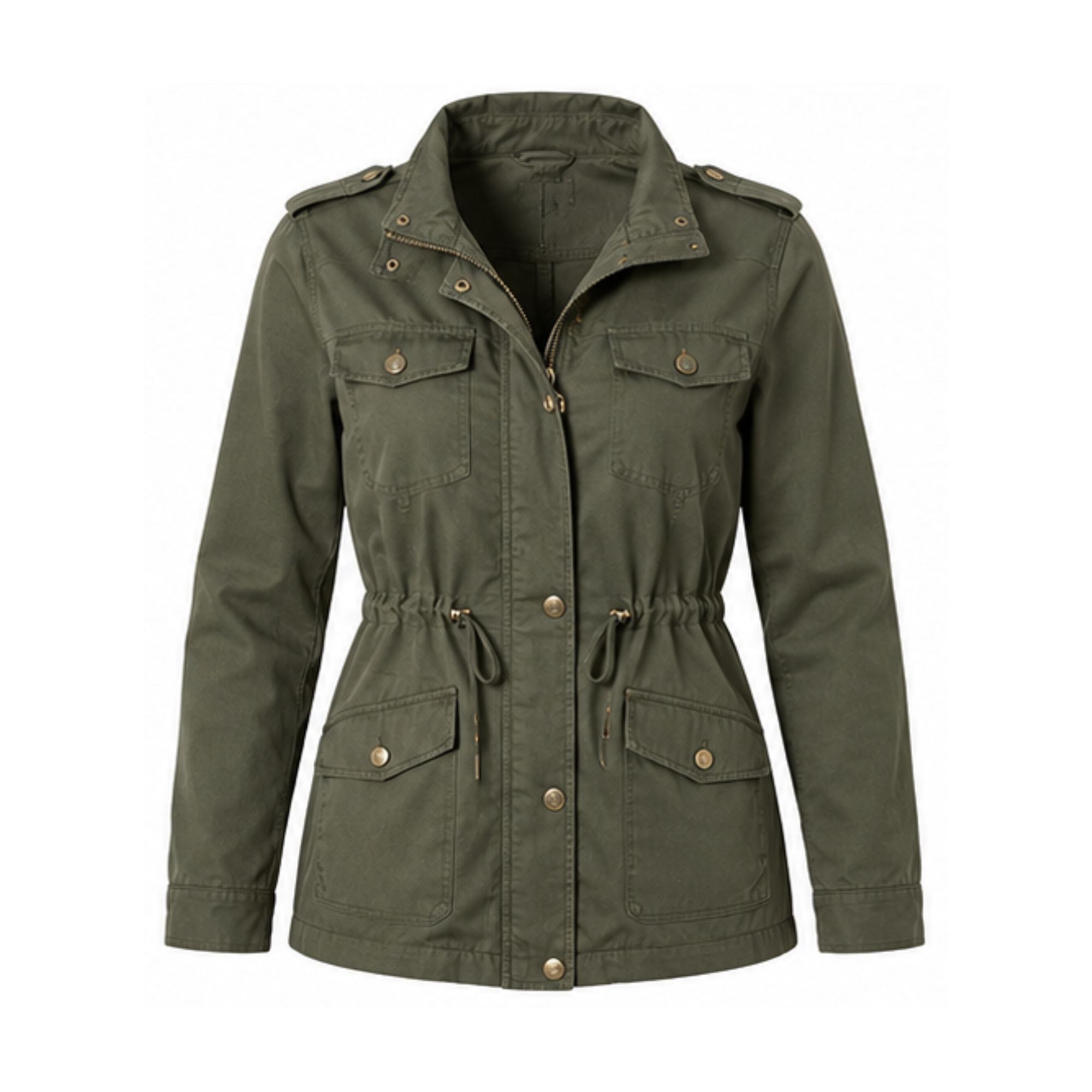 Chaqueta Verde Oliva para Mujer con Bolsillos de Solapa y Cintura Ajustable