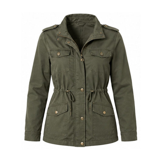 Chaqueta Verde Oliva para Mujer con Bolsillos de Solapa y Cintura Ajustable