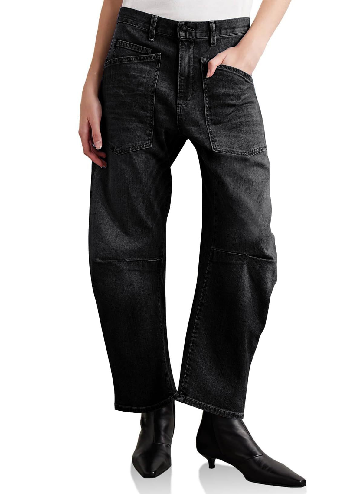 Damen-Jeans mit hohem Bund, geradem Bein und Waschung – Jeans mit mehreren Taschen