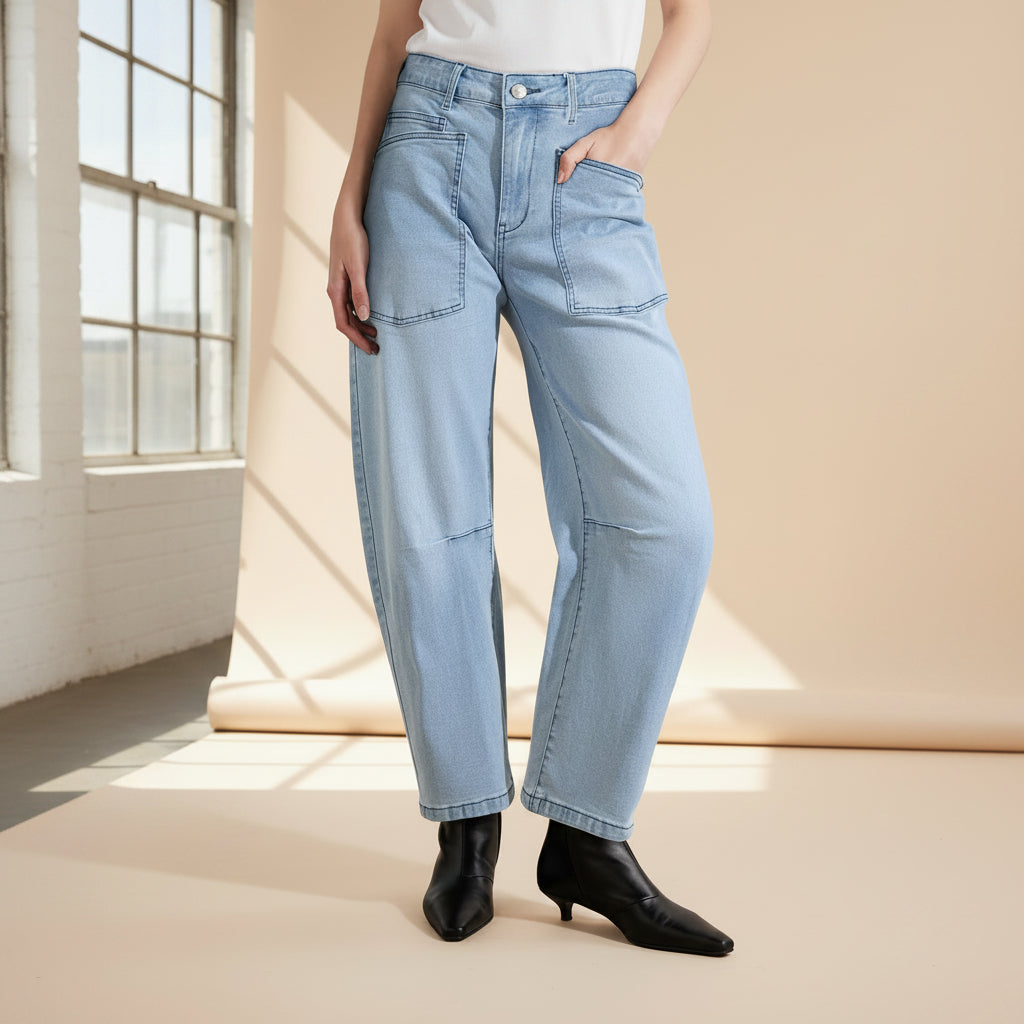 Damen-Jeans mit hohem Bund, geradem Bein und Waschung – Jeans mit mehreren Taschen
