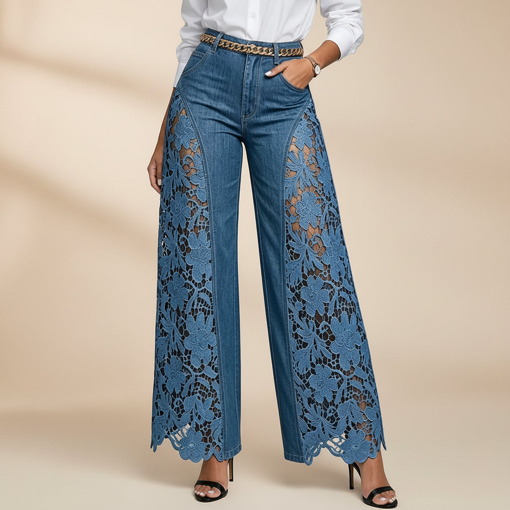 Damen-Jeans mit hohem Bund und weitem Bein – Lässige Hose mit Spitzendetails in voller Länge