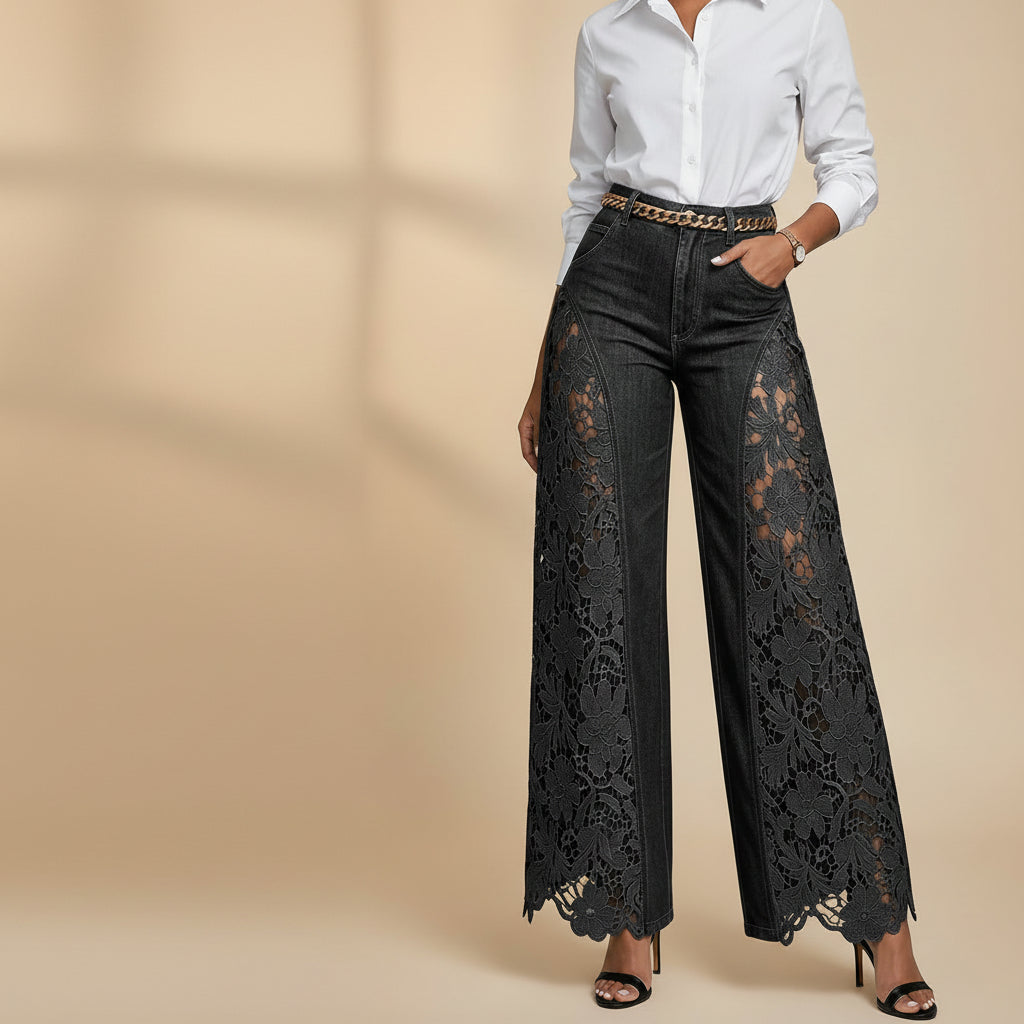 Damen-Jeans mit hohem Bund und weitem Bein – Lässige Hose mit Spitzendetails in voller Länge