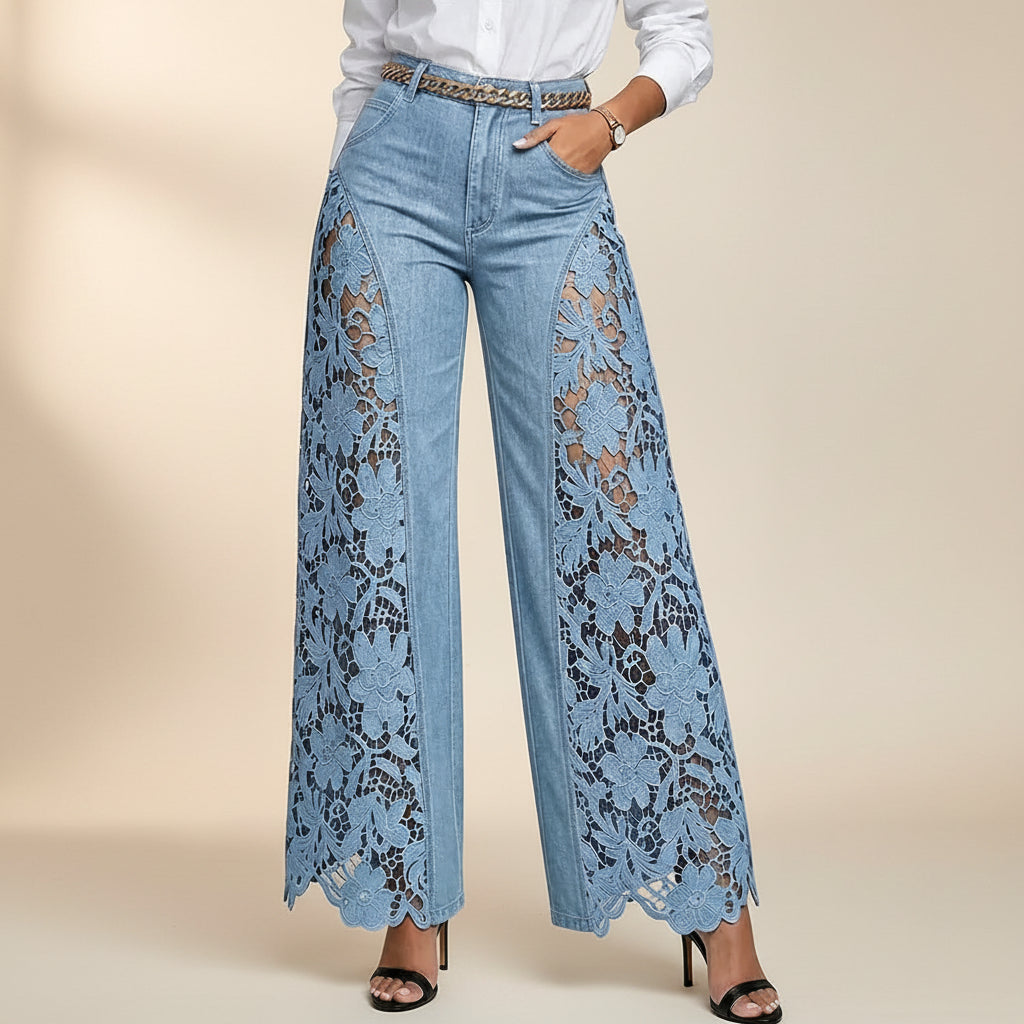 Damen-Jeans mit hohem Bund und weitem Bein – Lässige Hose mit Spitzendetails in voller Länge