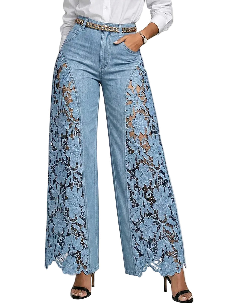 Damen-Jeans mit hohem Bund und weitem Bein – Lässige Hose mit Spitzendetails in voller Länge