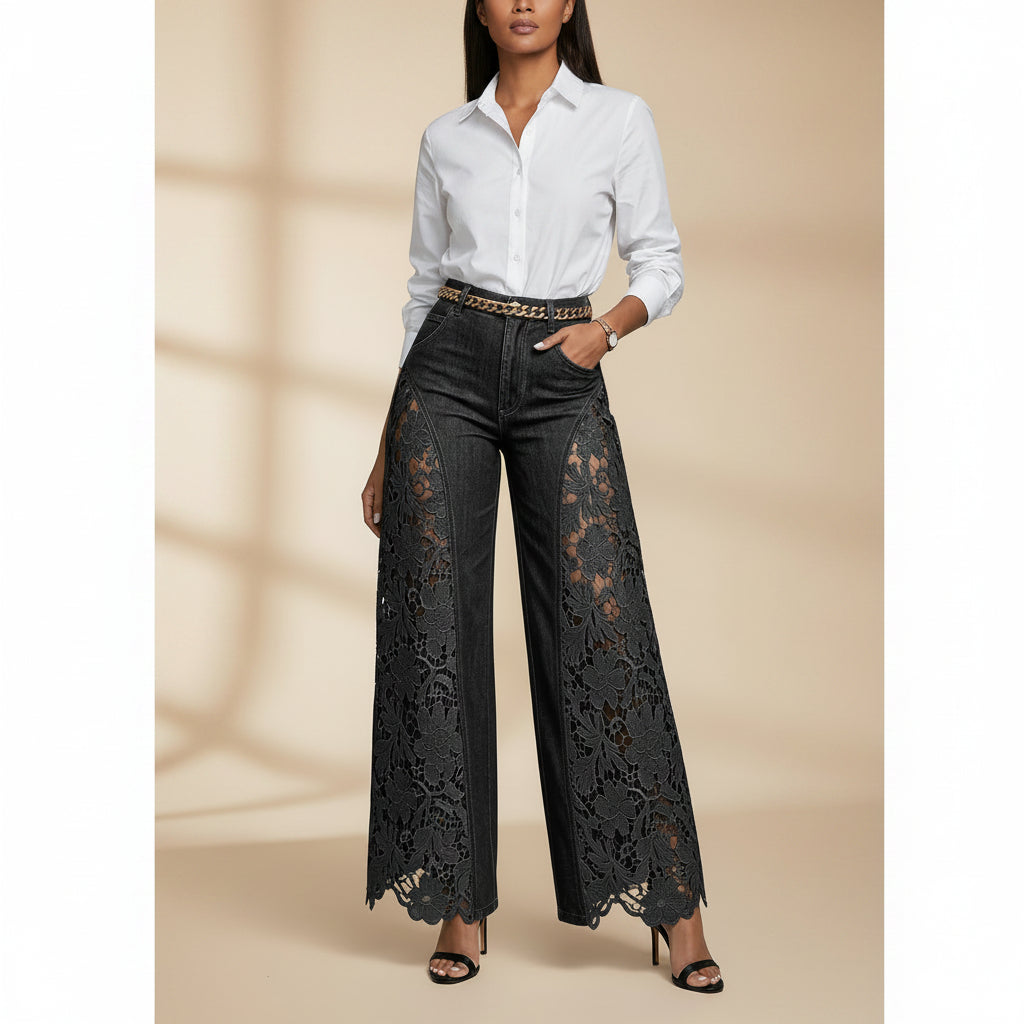 Damen-Jeans mit hohem Bund und weitem Bein – Lässige Hose mit Spitzendetails in voller Länge