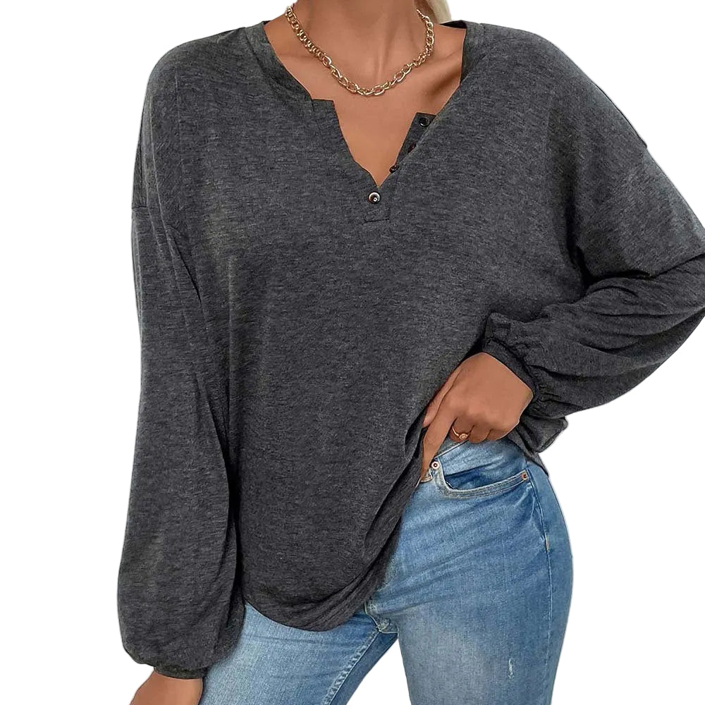 Damen-Pullover mit langen Ärmeln in lockerer Passform, meliertem Grau – Minimalistisches, einfarbiges Alltags-Top