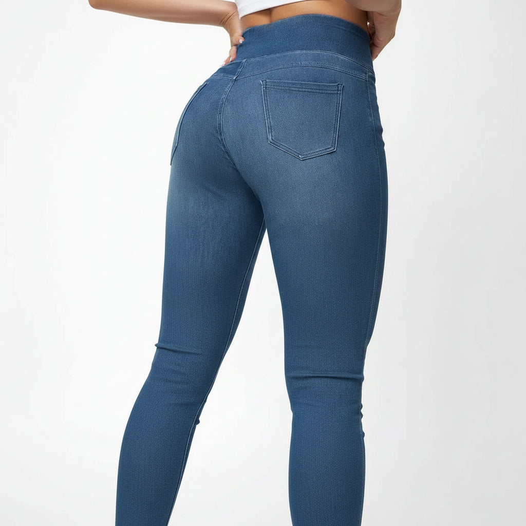 Damen-Stretchhose in Denim-Optik mit hohem Bund – Hose mit durchgehenden Taschen