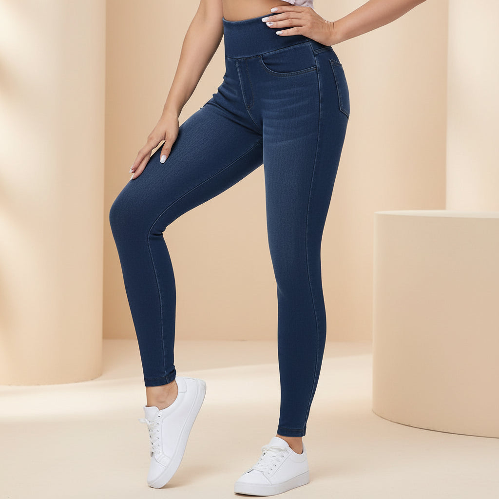 Damen-Stretchhose in Denim-Optik mit hohem Bund – Hose mit durchgehenden Taschen