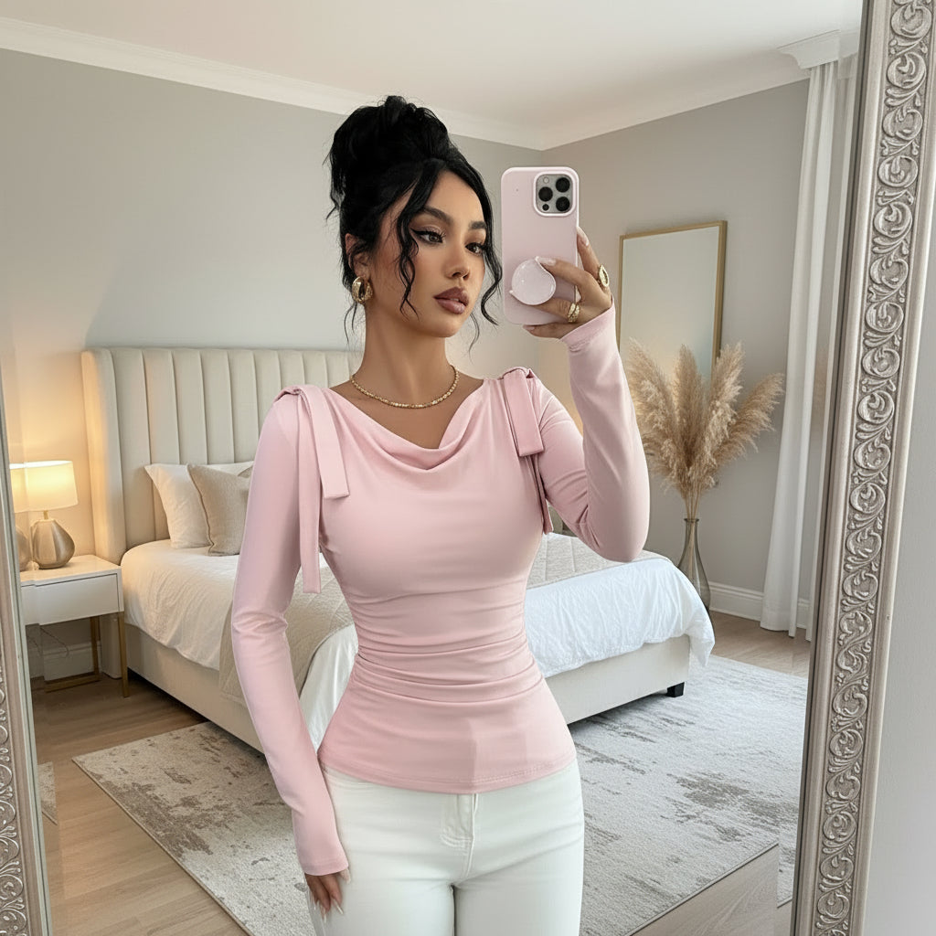 Damen-Strickpullover in Pastellrosa – Süßer Stil, langärmliges Oberteil mit 3D-Struktur und Bindebändern