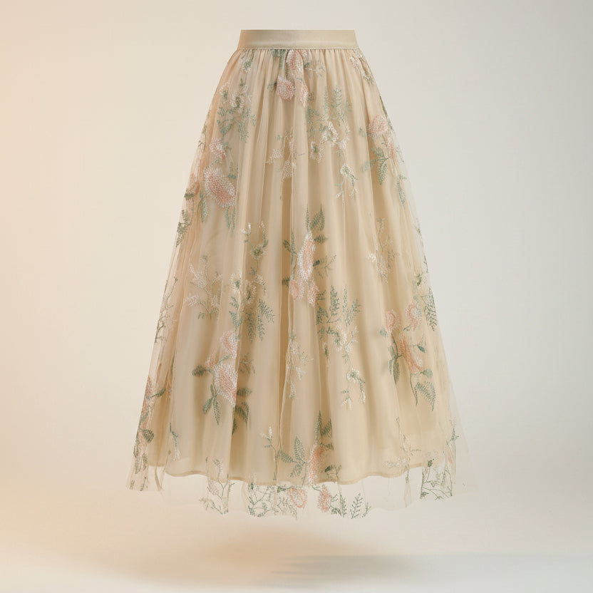 Eleganter, floral bestickter Midirock für Damen – Lässiger A-Linien-Stil aus Mesh
