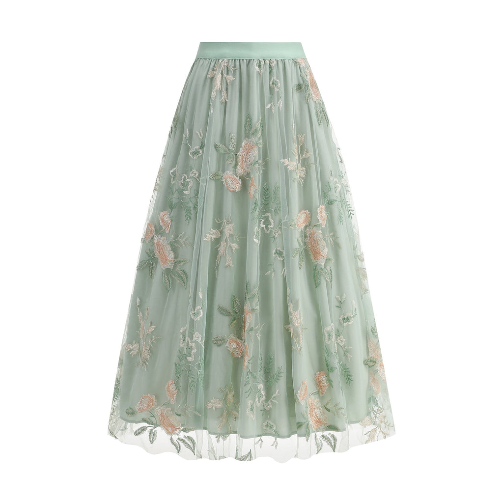 Eleganter, floral bestickter Midirock für Damen – Lässiger A-Linien-Stil aus Mesh