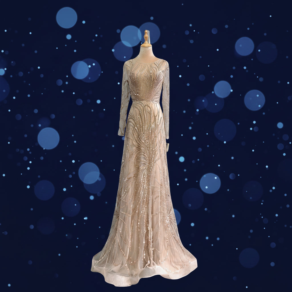 Elegantes, hochwertiges Abendkleid für Damen – Langärmeliges, tailliertes Abendkleid