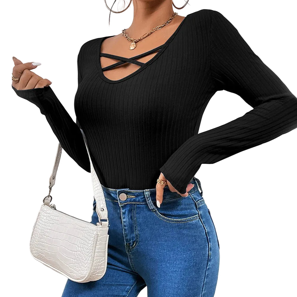 Elegantes schwarzes Damen-Pullover-Top mit Schnürung und langen Ärmeln aus knitterfreiem Material