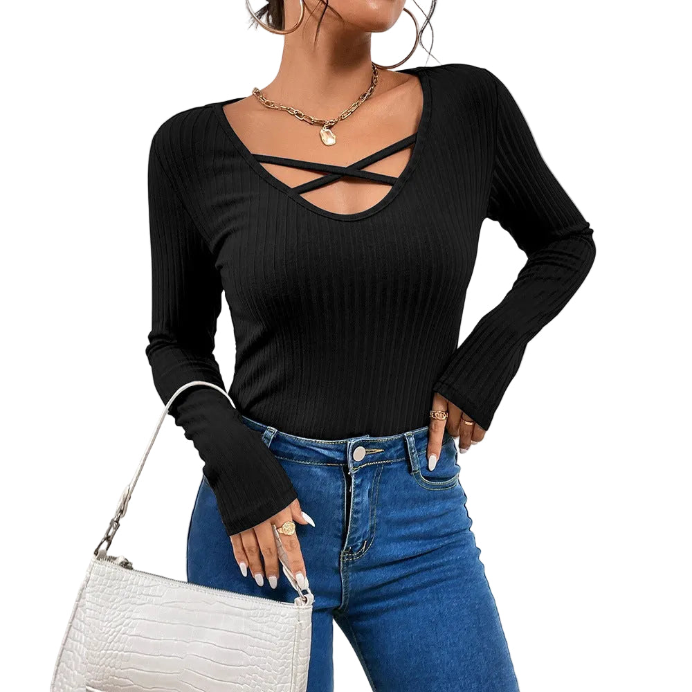 Elegantes schwarzes Damen-Pullover-Top mit Schnürung und langen Ärmeln aus knitterfreiem Material