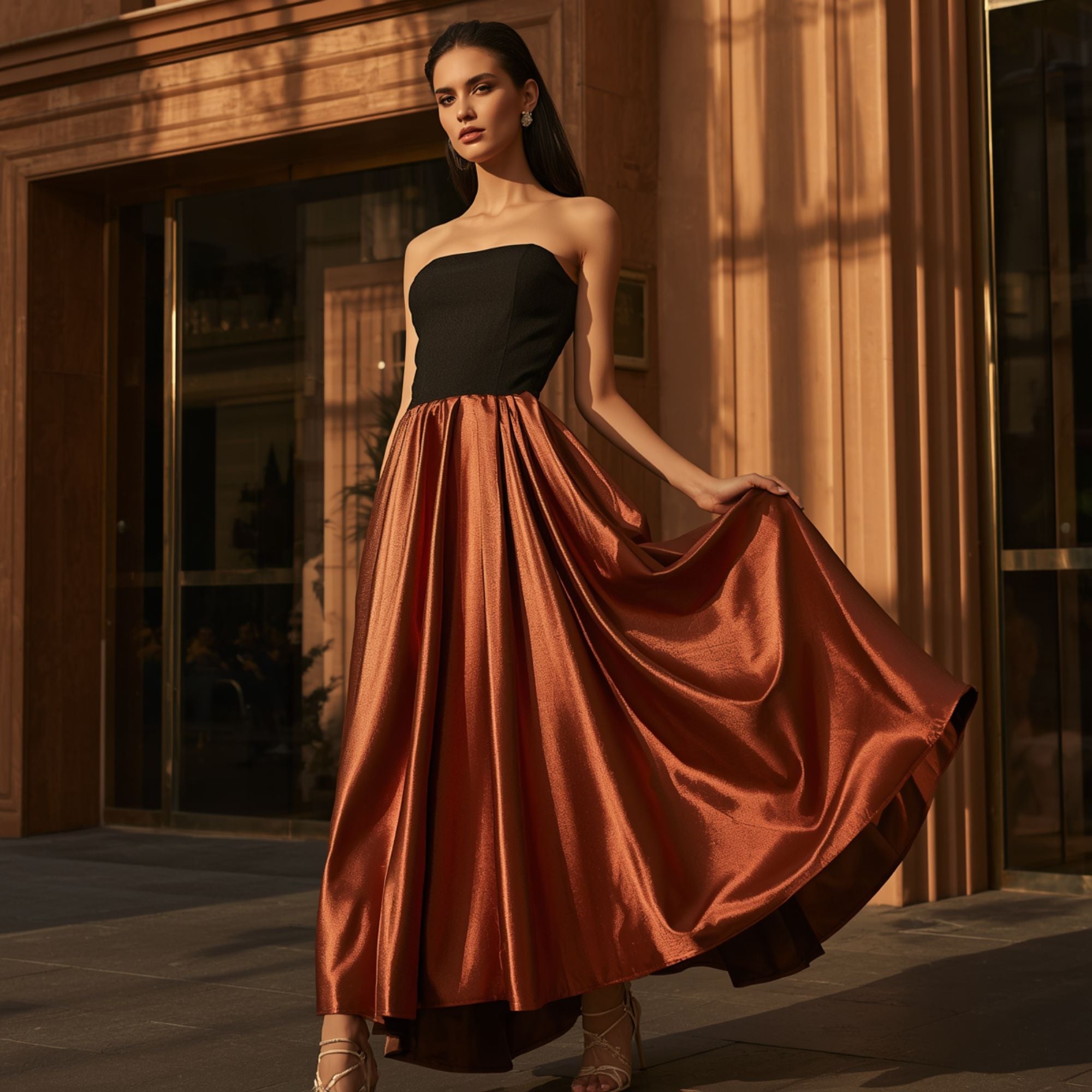Falda Larga Satinada Color Cobre para Mujer con Cintura Alta y Caída Fluida