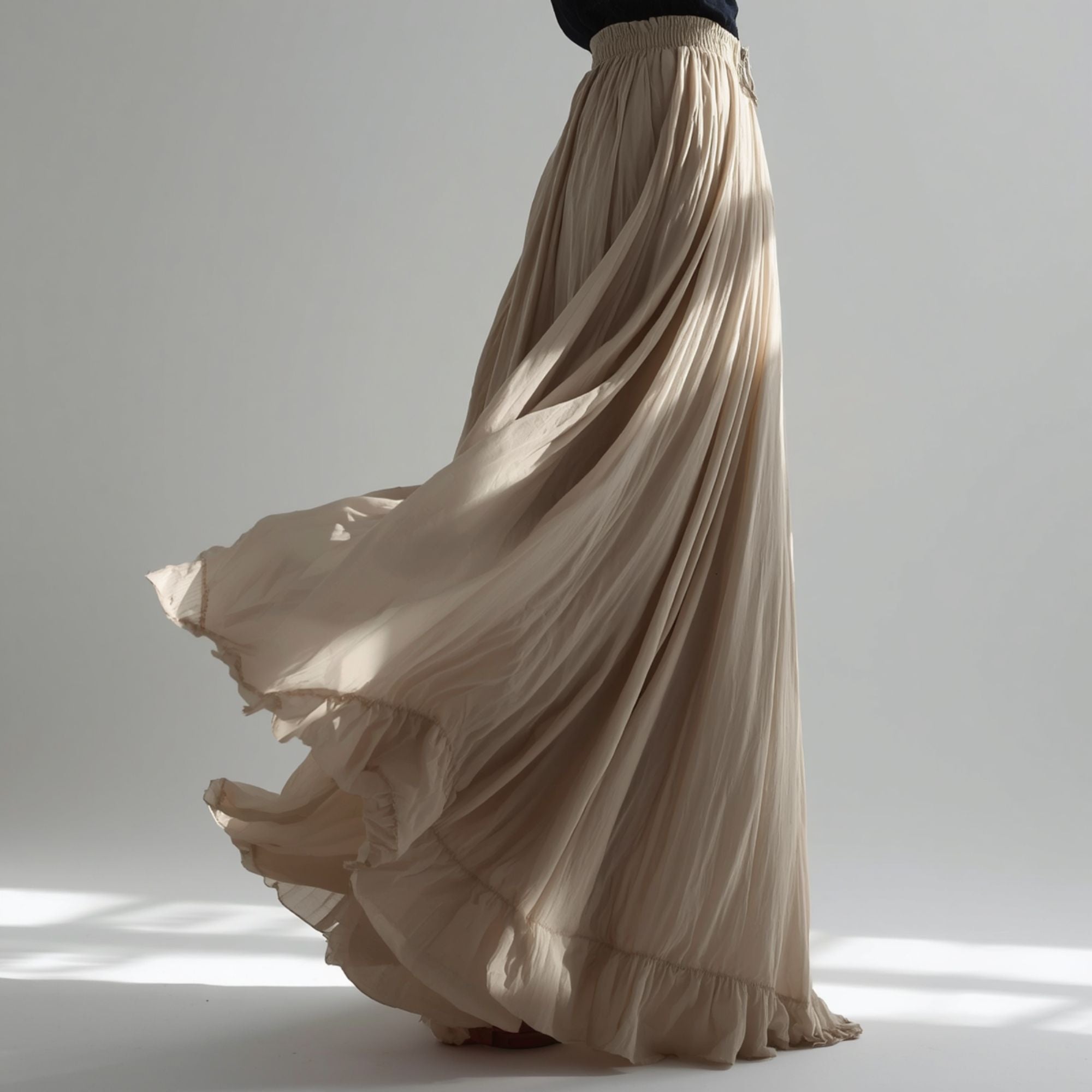 Falda Maxi Beige para Mujer con Pliegues Amplios y Diseño Fluido