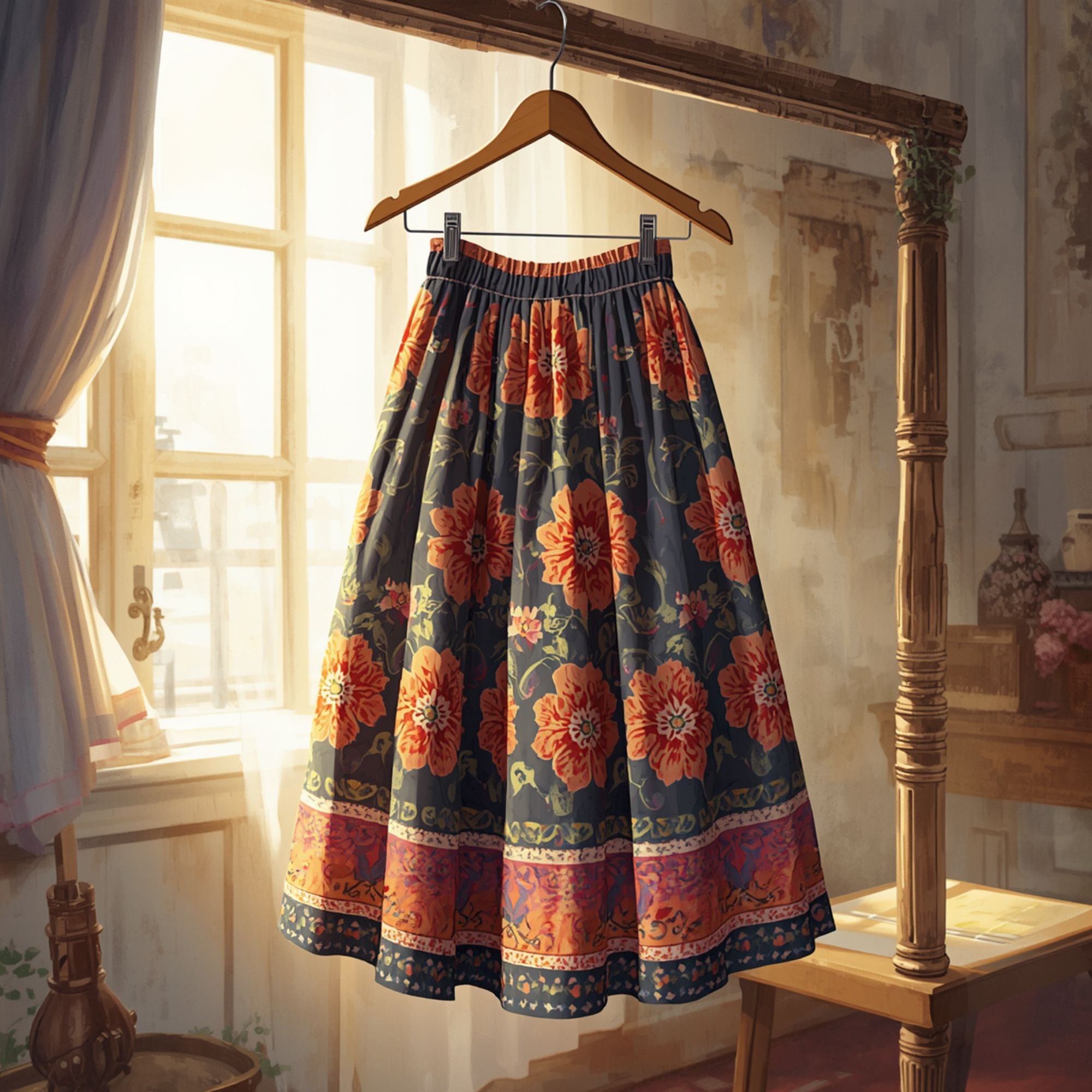 Falda Maxi Negra para Mujer con Estampado Floral y Bordes Decorativos