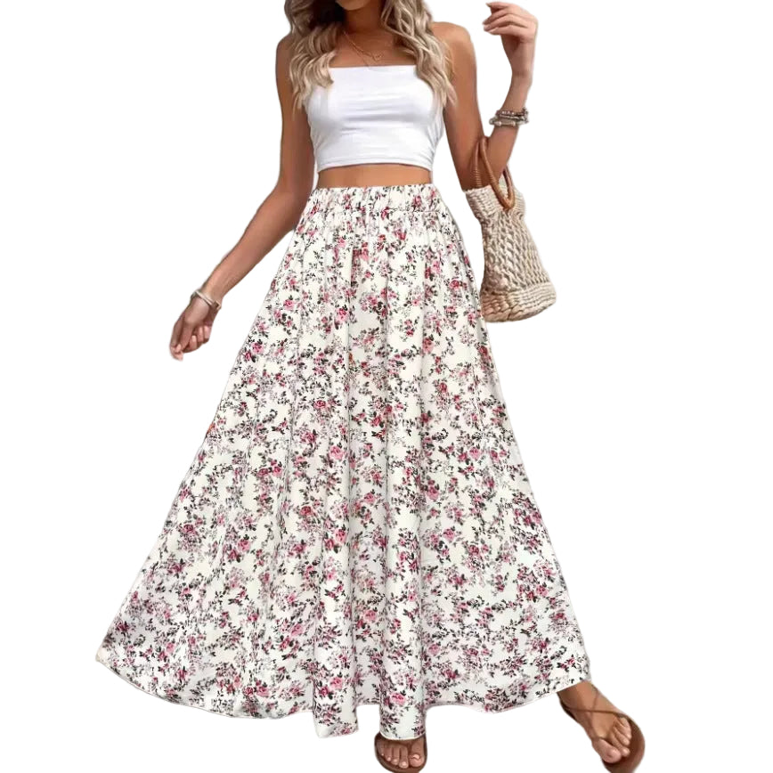 Falda larga de mujer con estampado floral, ligera y casual para verano