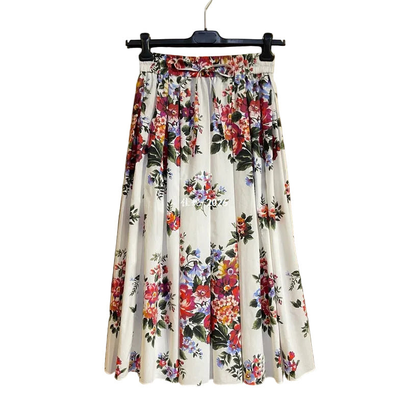Falda midi de corte A para mujer, cintura elástica alta, falda floral a la moda