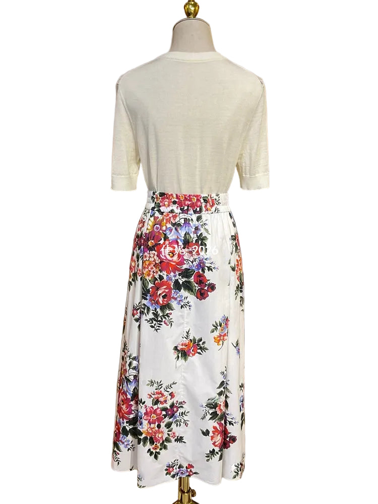 Falda midi de corte A para mujer, cintura elástica alta, falda floral a la moda