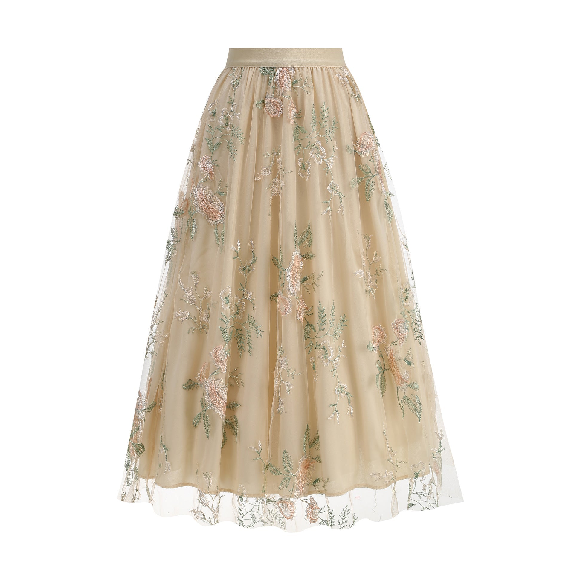 Falda midi de malla con bordado floral para mujer – Falda veraniega artística vintage de corte A con superposición de tul