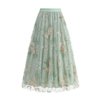 Falda midi de malla con bordado floral para mujer – Falda veraniega artística vintage de corte A con superposición de tul