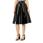Falda midi plisada de piel sintética con acabado espejo para mujer, estilo casual preppy