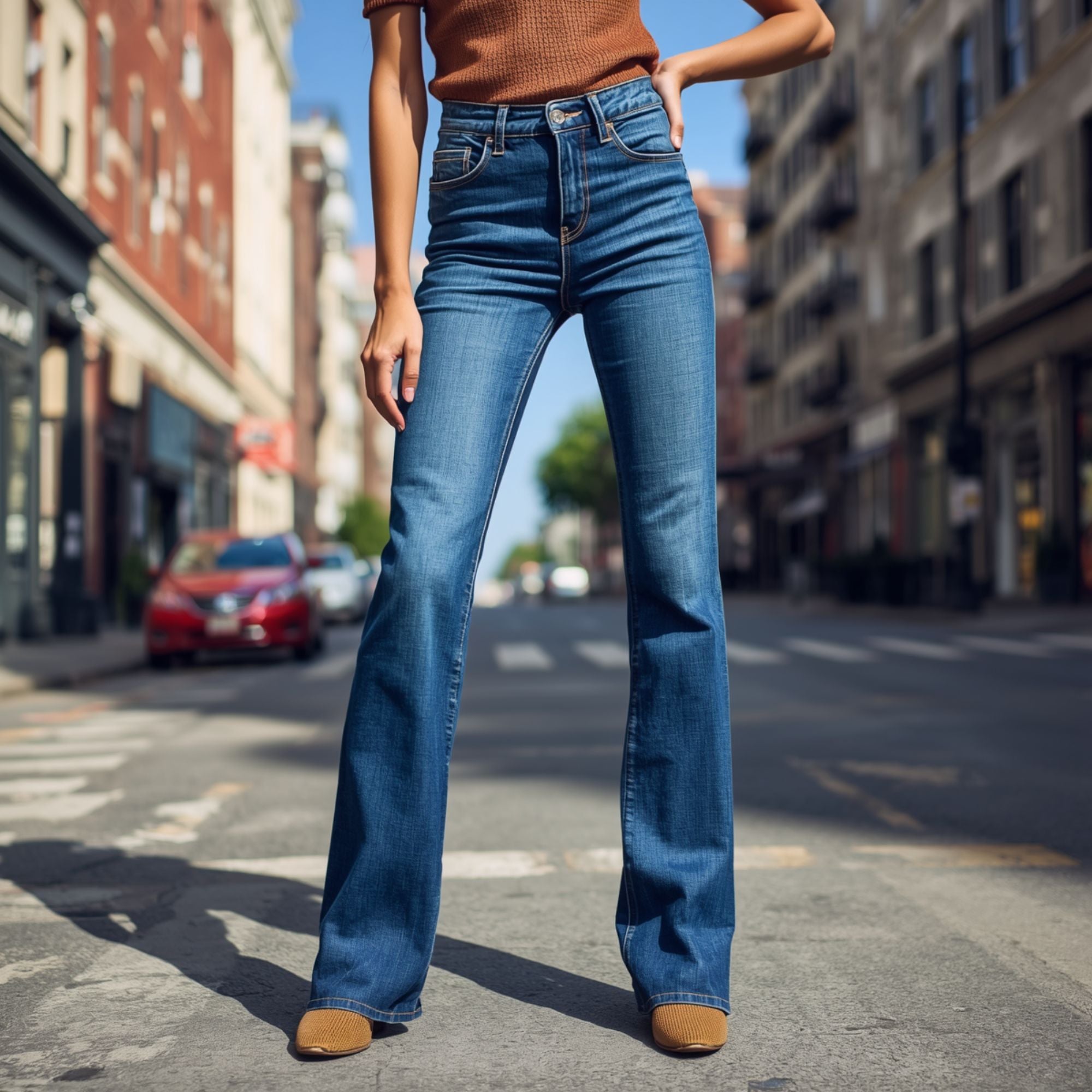 Jeans Acampanados para Mujer en Azul Medio, Tiro Alto y Diseño de Cinco Bolsillos