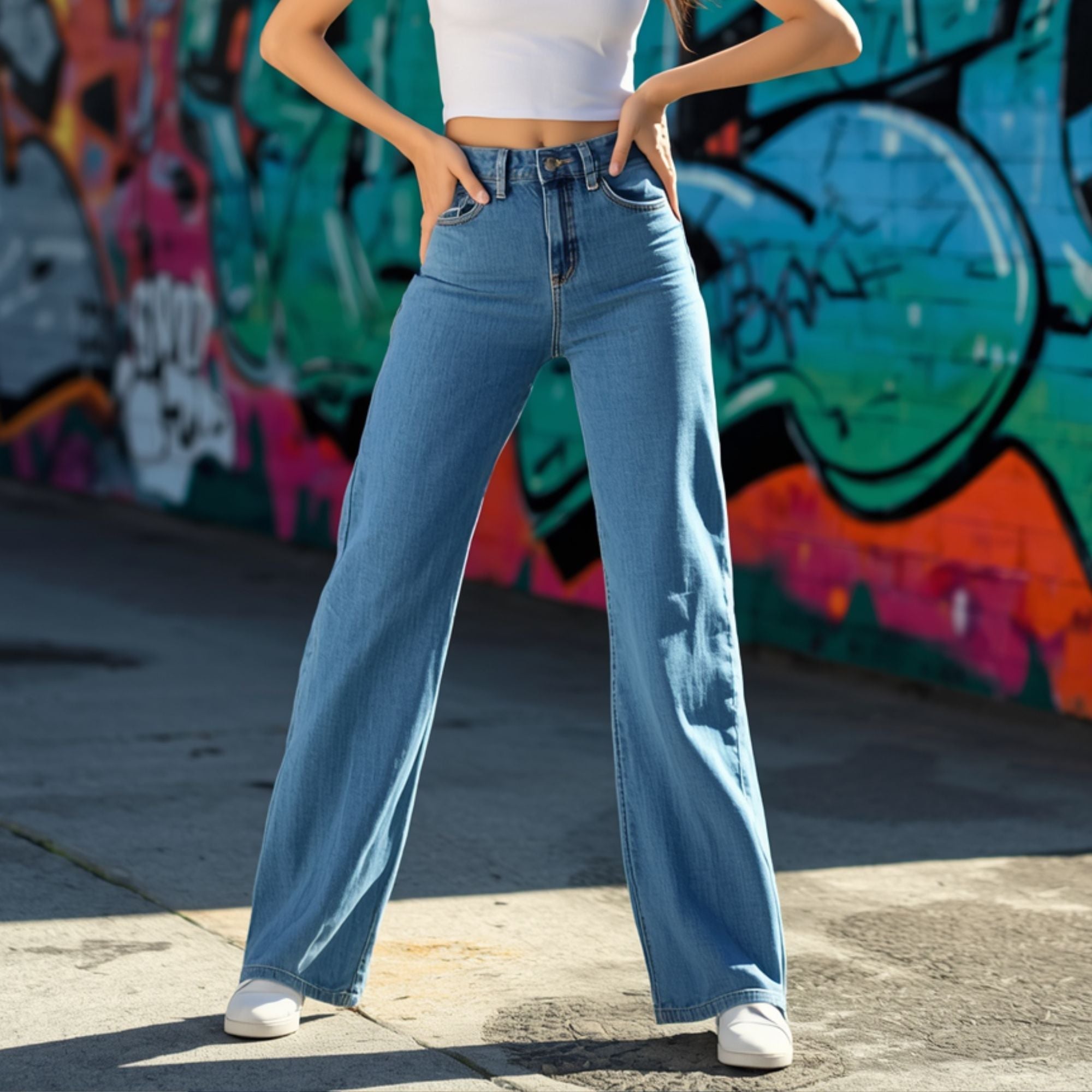 Jeans de Pierna Ancha para Mujer en Azul Claro, Tiro Alto y Largo Completo
