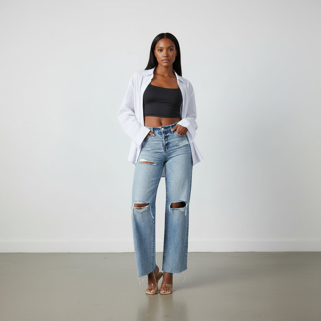 Klassische blaue Damenjeans mit geradem Schnitt – High Waist, lange Jeans