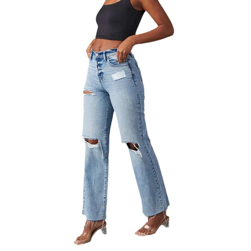 Klassische blaue Damenjeans mit geradem Schnitt – High Waist, lange Jeans