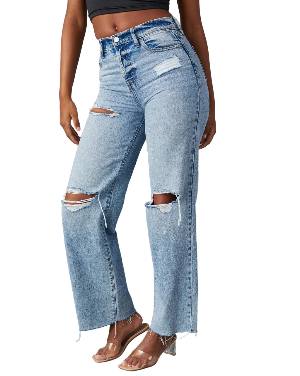 Klassische blaue Damenjeans mit geradem Schnitt – High Waist, lange Jeans