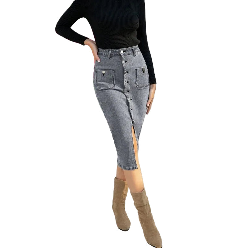 Lässiger grauer Jeans-Midirock für Damen – Vorderer Schlitz mit Knopfleiste