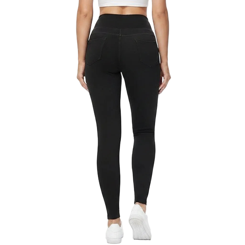 Leggings largos elásticos con bolsillos y cintura alta de imitación de mezclilla para mujer