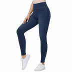 Leggings largos elásticos con bolsillos y cintura alta de imitación de mezclilla para mujer