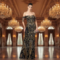 Pailletten-Abendkleid für Damen mit Carmen-Ausschnitt – Meerjungfrauen-Abendkleid mit Quasten