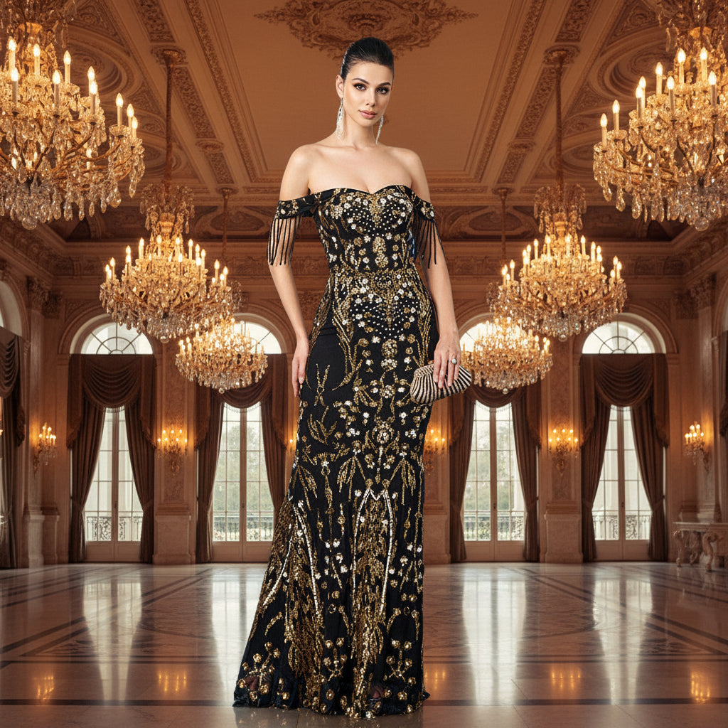 Pailletten-Abendkleid für Damen mit Carmen-Ausschnitt – Meerjungfrauen-Abendkleid mit Quasten