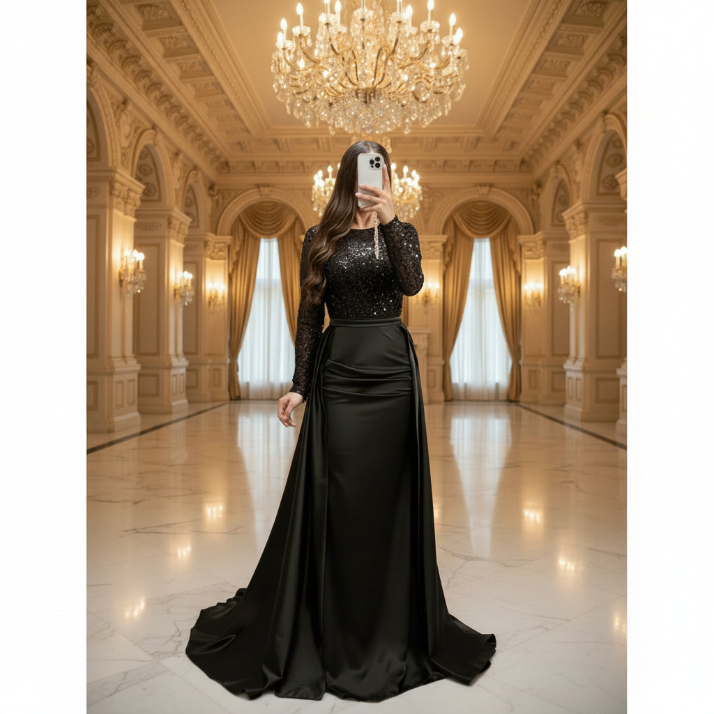 Paillettenbesetztes Maxi-Abendkleid für Damen – Elegantes Partykleid mit langen Ärmeln und ausgestelltem Saum