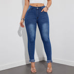 Pantalones de mujer de talle alto y pierna recta – Azul oscuro, corte ajustado, 100% poliéster, con bolsillos.